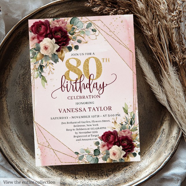 Elegant Burgundy White Gold Roses 80th Birthday   Invitation (Elegant Burgundy White Gold Roses 80th Birthday Invitation)