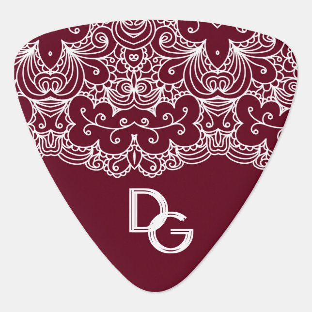 Elegant Burgundy White Lace Monogrammed Custom Guitar Pick (Front)