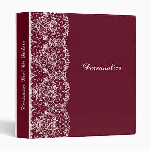 Elegant Burgundy White Lace Personalized 3 Ring Binder