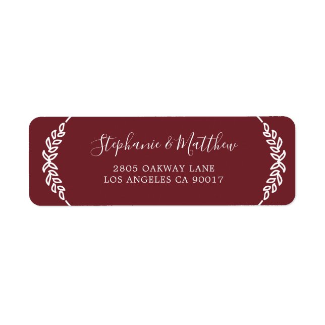 Elegant Burgundy White Leaf Foliage Wedding Label (Front)