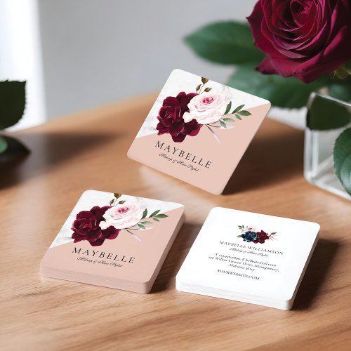 Elegant Burgundy  White Marble Watercolor Floral Square Business Card
