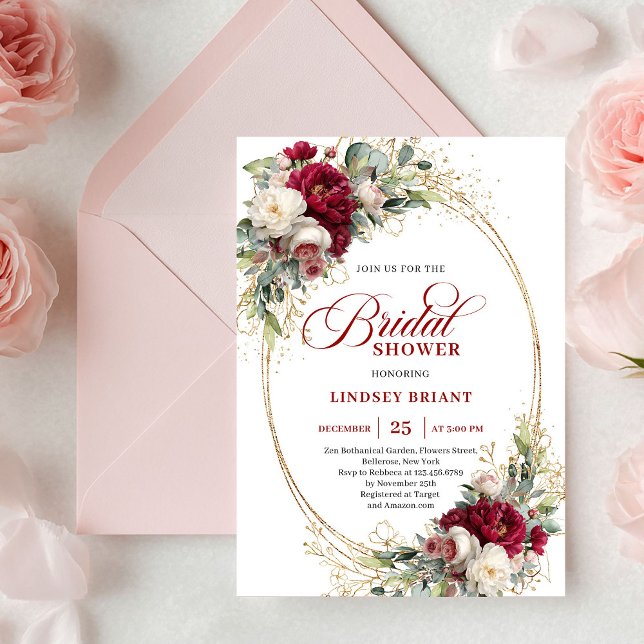 Elegant Burgundy White Rose Gold Bridal Shower  Invitation (Elegant Burgundy White Rose Gold Bridal Shower Invitation)