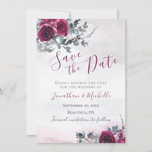 Elegant Burgundy White Roses Christian Wedding Save The Date (Front)