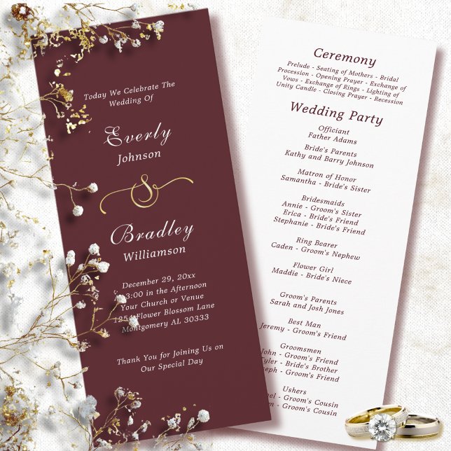 Elegant Burgundy White Script Fall Winter Wedding  Program (Creator Uploaded)