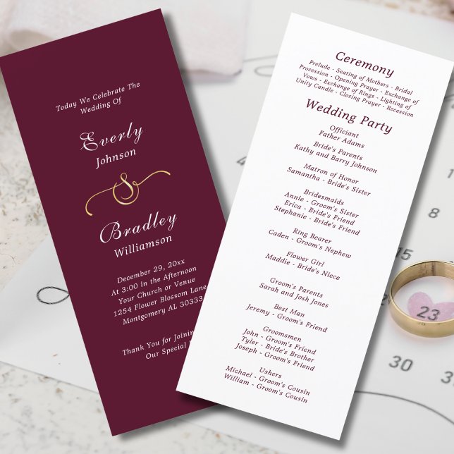 Elegant Burgundy White Script Fall Winter Wedding  Program (Creator Uploaded)