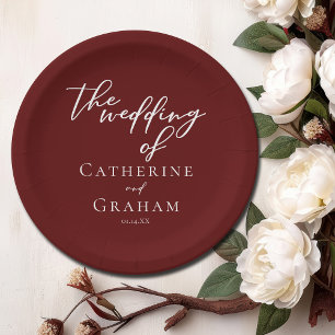 Elegant Burgundy White Script Personalized Wedding Paper Plates