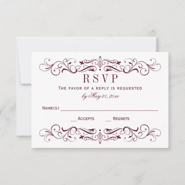 Elegant Burgundy White Scrollwork Wedding RSVP Card (Front)
