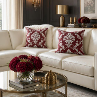 Elegant Burgundy, White Victorian Damask Christmas Throw Pillow