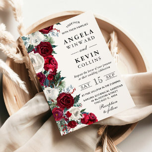Elegant Burgundy & White Winter Floral Wedding Invitation
