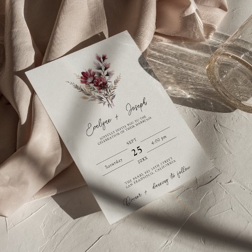 Elegant Burgundy Wildflower Boho Floral Wedding    Invitation