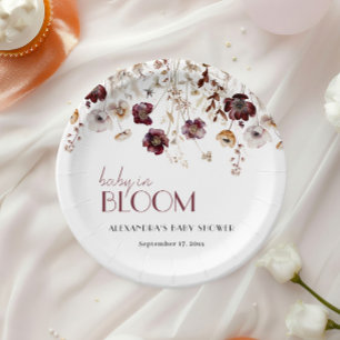 Elegant Burgundy Wildflowers Girl Baby Shower Paper Plates