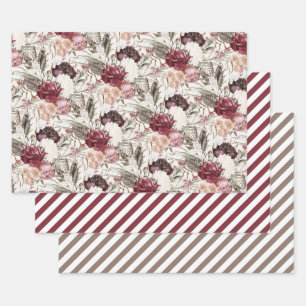 Elegant Burgundy Wine Cream Floral Greenery Stripe Wrapping Paper Sheets