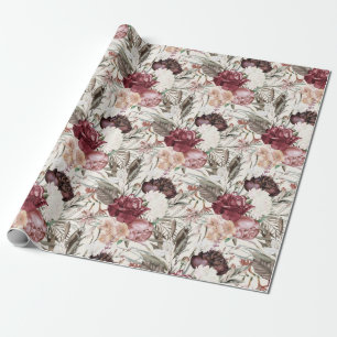 Elegant Burgundy Wine Cream Floral Greenery  Wrapping Paper