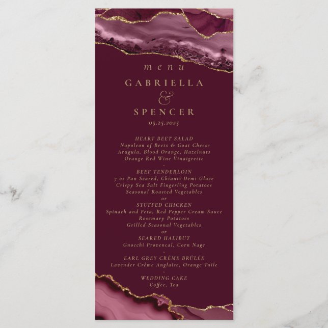 Elegant Burgundy Wine Gold Agate Wedding Menu (Front)