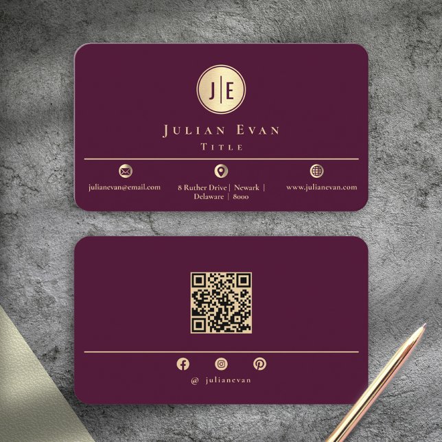 Elegant Burgundy Wine Gold Shiny Circle Monogram Business Card (Elegant Burgundy Wine Gold Shiny Circle Monogram Business Card)