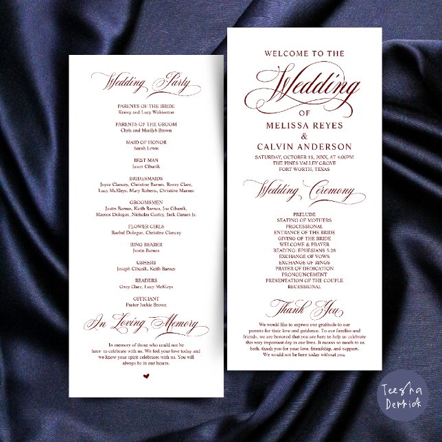 Elegant Burgundy Wine Red Script Wedding Ceremony Program (Elegant Classic Burgundy Wine Red Script Wedding Ceremony Program Card)