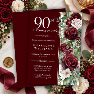 Elegant Burgundy Wine Rose Floral 90th Birthday Invitation