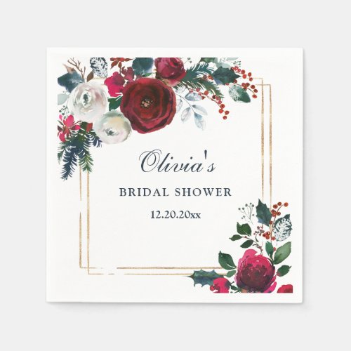 Elegant Burgundy Winter Rose Foliage BRIDAL SHOWER Napkins