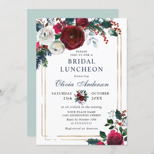 Elegant Burgundy Winter Roses BRIDAL  LUNCHEON Invitation