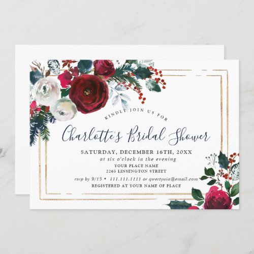 Elegant Burgundy Winter Roses Floral BRIDAL SHOWER Invitation