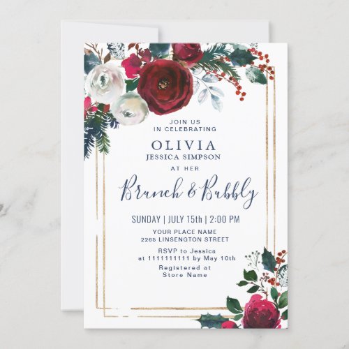 Elegant Burgundy Winter Roses Floral Bridal Shower Invitation