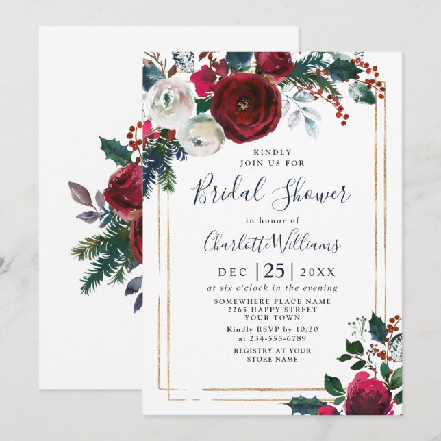 Elegant Burgundy Winter Roses Floral Bridal Shower Invitation (Front/Back)