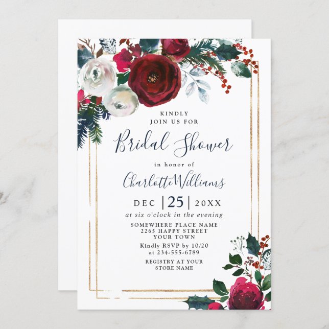 Elegant Burgundy Winter Roses Floral Bridal Shower Invitation (Front/Back)