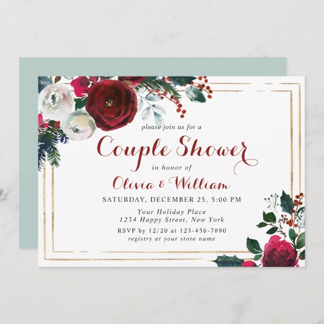 Elegant Burgundy Winter Roses Floral Couple Shower Invitation (Front/Back)
