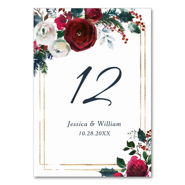 Elegant Burgundy Winter Roses Floral Wedding Table Number (Front)