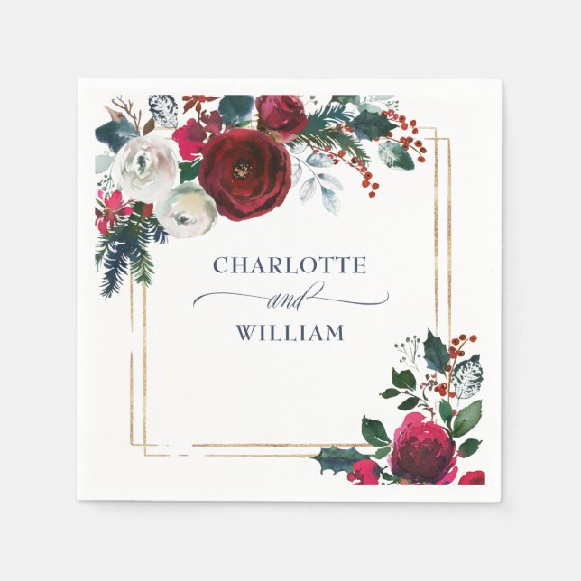 Elegant Burgundy Winter Roses Foliage Wedding Napkins (Front)