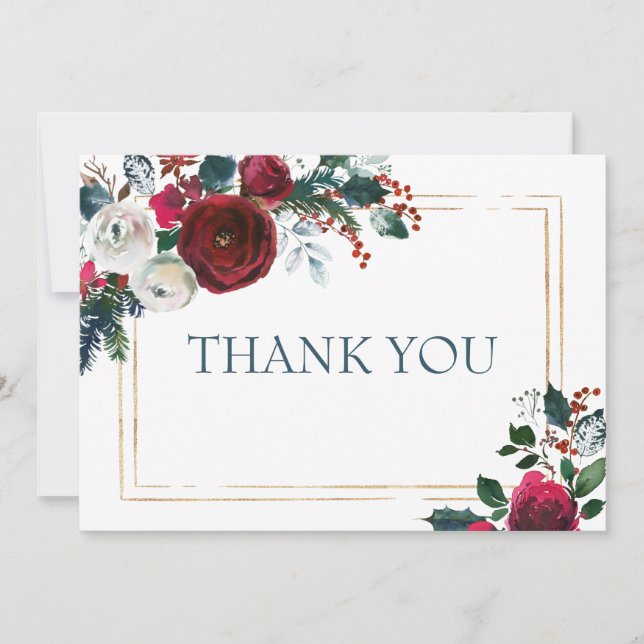 Elegant  Burgundy Winter Roses Greenery Thank You Card (Front)