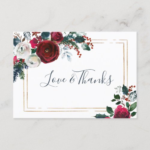 Elegant  Burgundy Winter Roses Greenery Thank You Card