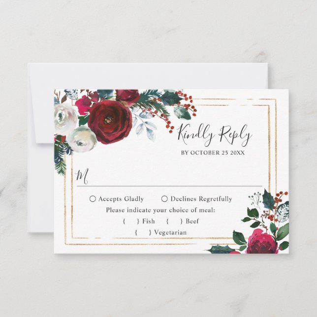 Elegant Burgundy Winter Roses Greenery Wedding RSVP Card (Front)