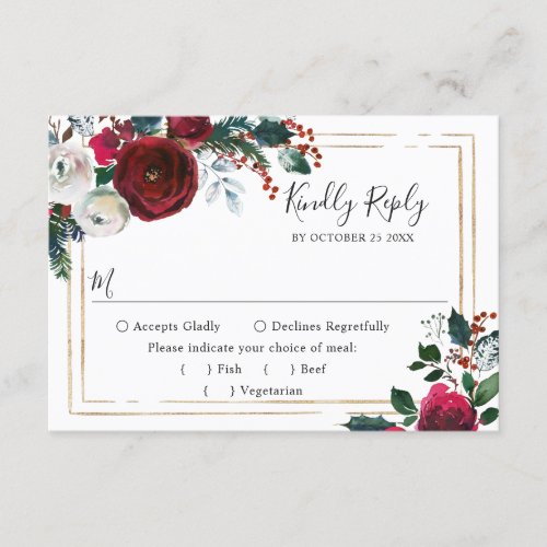 Elegant Burgundy Winter Roses Greenery Wedding RSVP Card