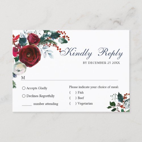 Elegant Burgundy Winter Roses Greenery Wedding RSVP Card