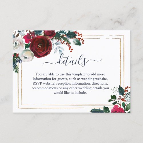 Elegant Burgundy Winter Roses Wedding Details Enclosure Card