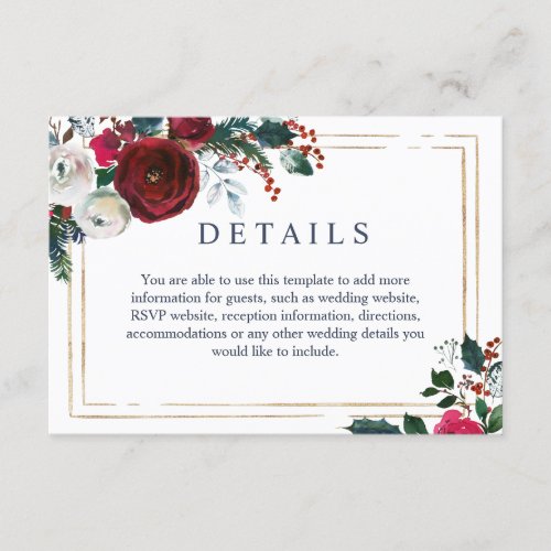 Elegant Burgundy Winter Roses Wedding Details Enclosure Card