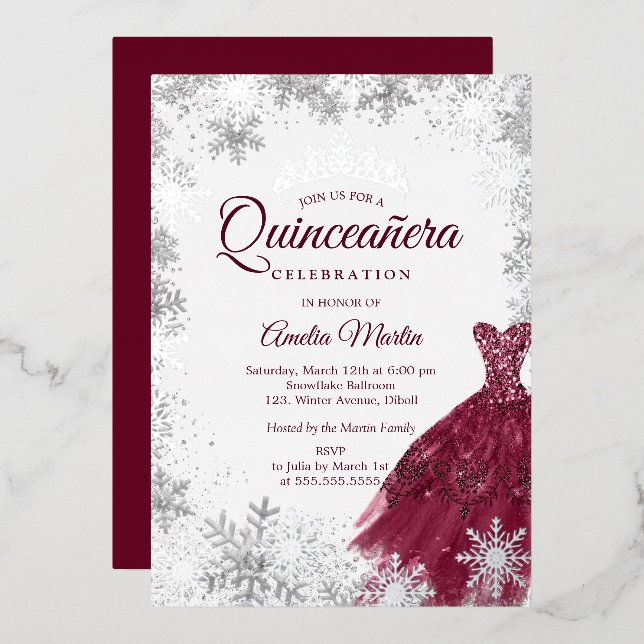 Elegant Burgundy Winter Snowflake Quinceanera Foil Invitation (Front/Back)