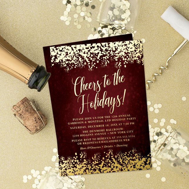 Elegant Burgundy with Gold Confetti Holiday Foil Invitation (Holiday Party Invitation with real foil on gold background with confetti, champagne bottle and more.)
