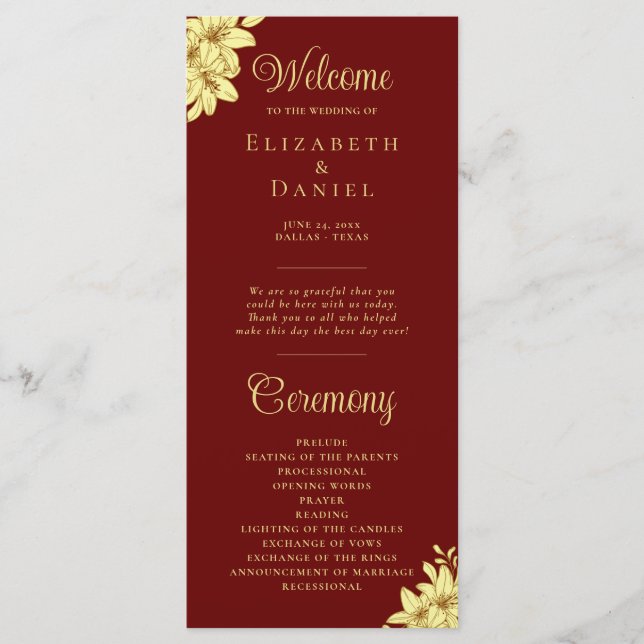 Elegant Burgundy with Gold Typography Wedding Program (Front)