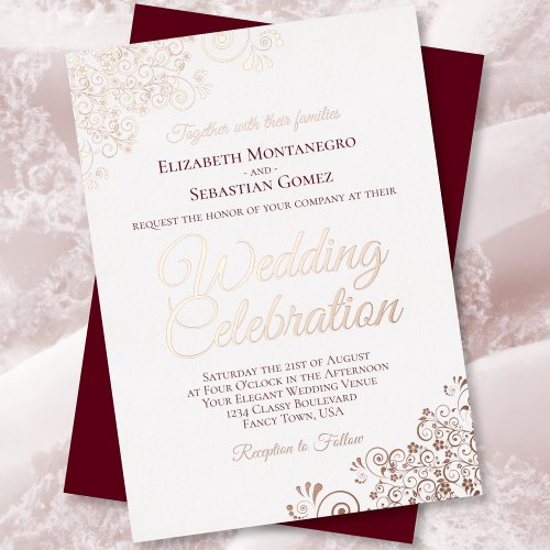 Elegant Burgundy with Rose Gold Frills Wedding Foil Invitation