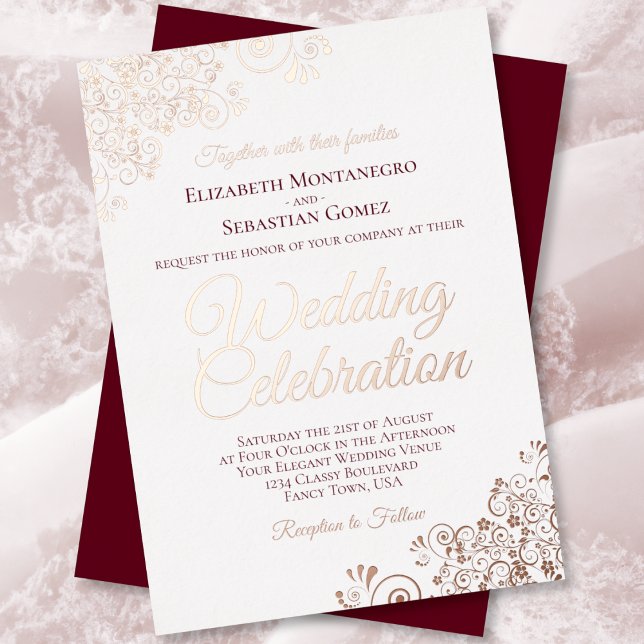 Elegant Burgundy with Rose Gold Frills Wedding Foil Invitation (Creator Uploaded)