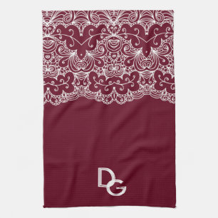 Elegant Burgundy with White Lace Initials Kitchen Towel