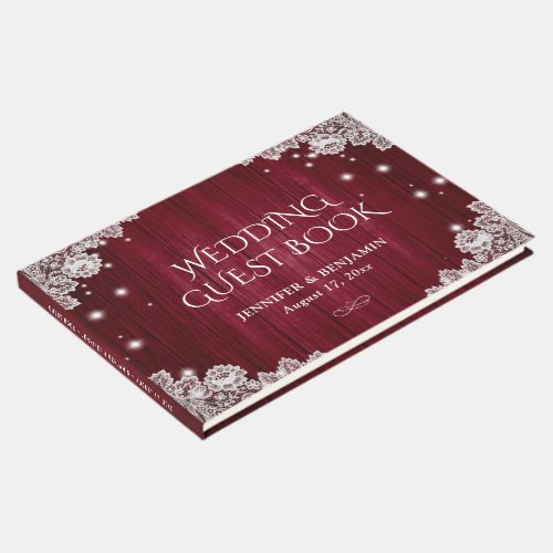 Elegant Burgundy Wood and Lace Wedding Guest Book