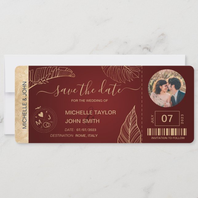 Elegant Burgundy World Save the Date Boarding Pass Invitation (Front)
