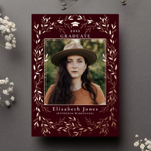 Elegant Burgundy Wreath Graduation Photo Foil Invitation