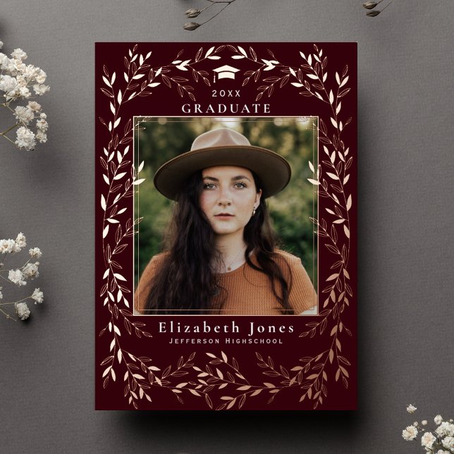 Elegant Burgundy Wreath Graduation Photo  Foil Invitation (Creator Uploaded)