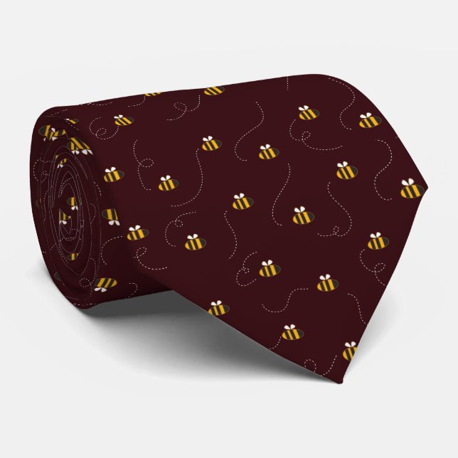 Elegant Burgundy Yellow Bee Seamless Pattern Neck Tie (Rolled)
