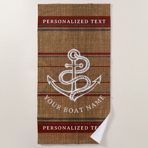    Elegant Burlap Anchor Nautical Boat Name Custom Beach Towel