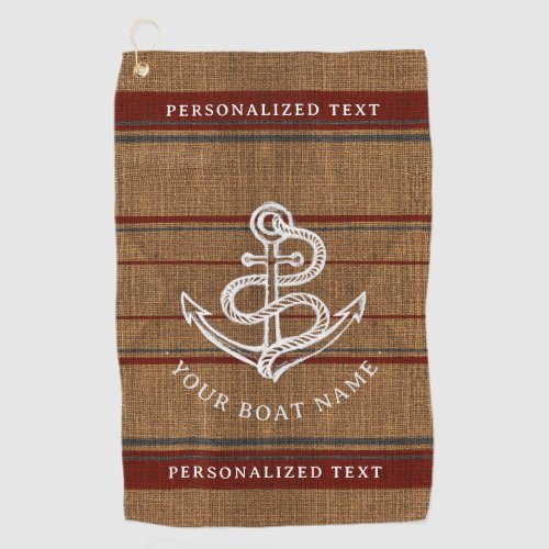    Elegant Burlap Anchor Nautical Boat Name Custom Golf Towel
